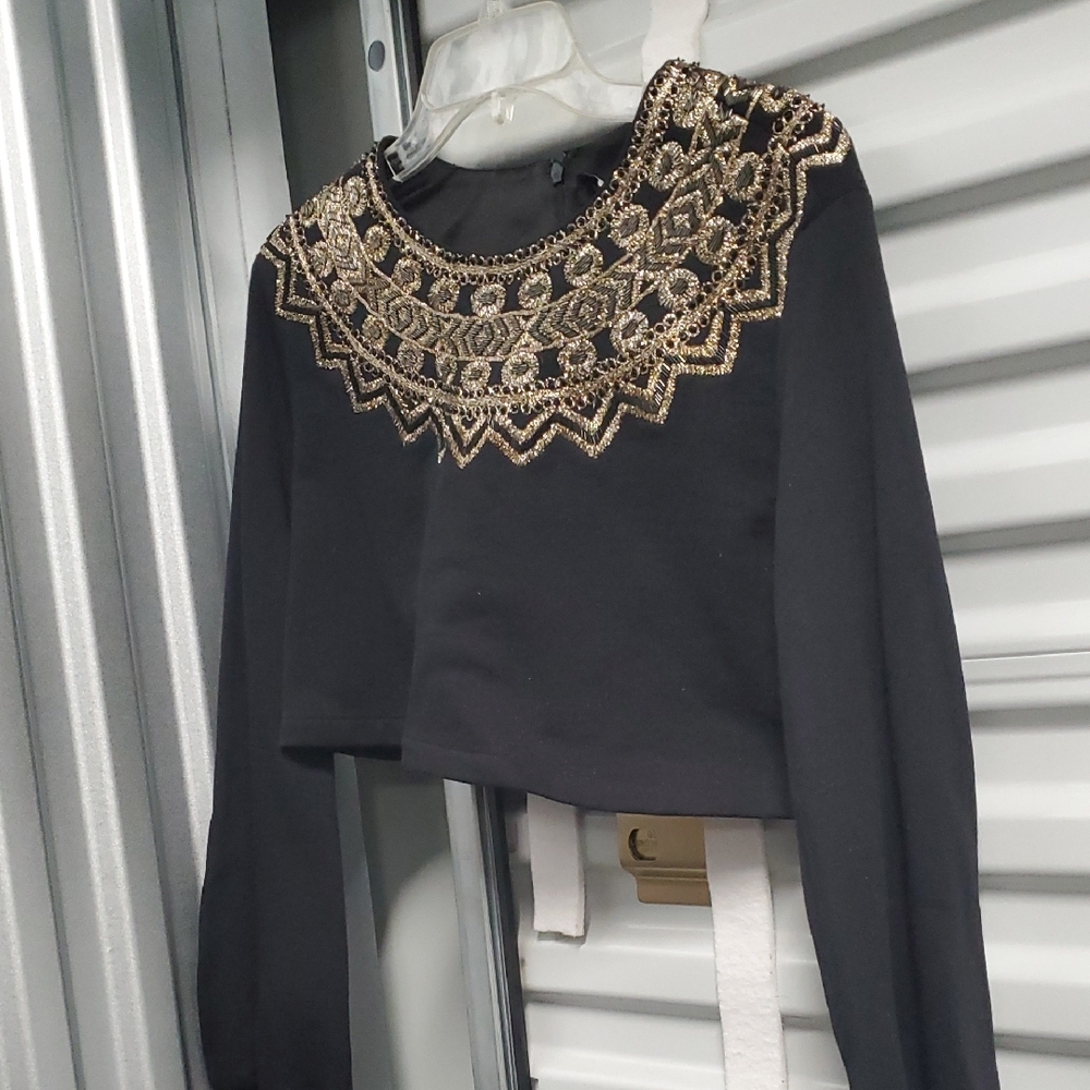 Sally LaPointe Black Embroidered Crop Sweater with Bib Collar